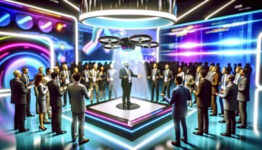 Menschen in Businesskleidung betrachten und steuern auf einer technologisch beleuchteten Messe einen schwebenden 3D-Hologramm-Prototypen mithilfe von Handgesten.