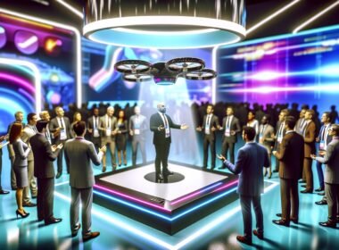 Menschen in Businesskleidung betrachten und steuern auf einer technologisch beleuchteten Messe einen schwebenden 3D-Hologramm-Prototypen mithilfe von Handgesten.