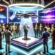 Menschen in Businesskleidung betrachten und steuern auf einer technologisch beleuchteten Messe einen schwebenden 3D-Hologramm-Prototypen mithilfe von Handgesten.