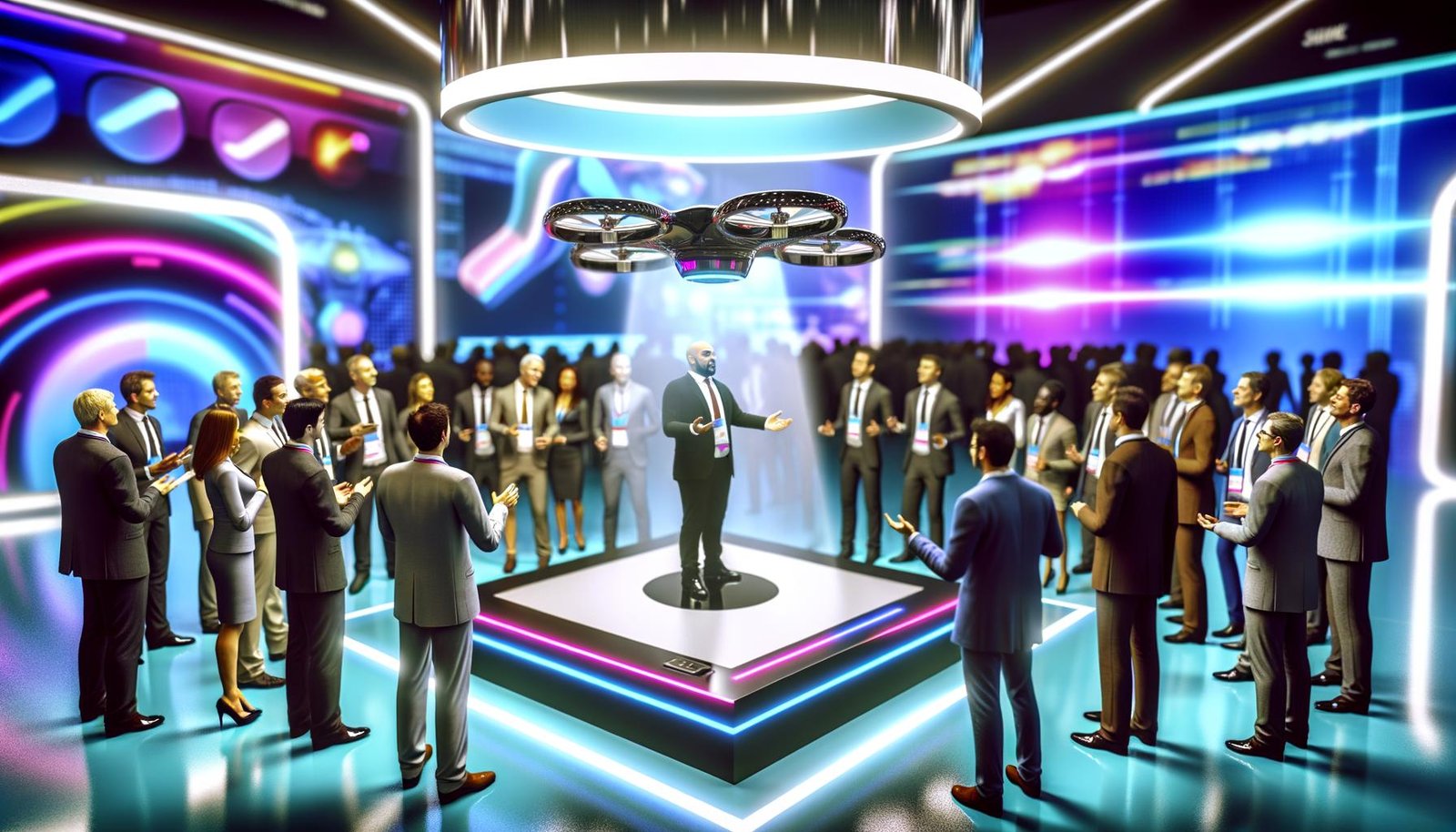 Menschen in Businesskleidung betrachten und steuern auf einer technologisch beleuchteten Messe einen schwebenden 3D-Hologramm-Prototypen mithilfe von Handgesten.