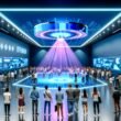 Innovative Ausstellung: Menschen interagieren begeistert mit einem holografischen 3D-Produkt inmitten einer modern beleuchteten Halle voller digitaler Effekte.