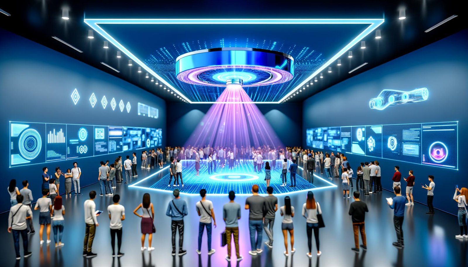 Innovative Ausstellung: Menschen interagieren begeistert mit einem holografischen 3D-Produkt inmitten einer modern beleuchteten Halle voller digitaler Effekte.