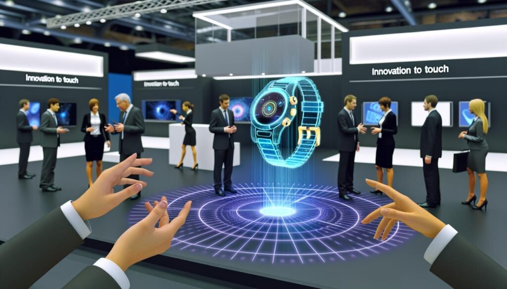 Business-Besucher auf einer Messe interagieren mit einem leuchtenden, futuristischen Hologramm einer Smartwatch, während im Hintergrund traditionelle Messestände zu sehen sind.