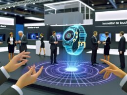 Business-Besucher auf einer Messe interagieren mit einem leuchtenden, futuristischen Hologramm einer Smartwatch, während im Hintergrund traditionelle Messestände zu sehen sind.