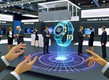 Business-Besucher auf einer Messe interagieren mit einem leuchtenden, futuristischen Hologramm einer Smartwatch, während im Hintergrund traditionelle Messestände zu sehen sind.