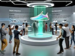 Moderner Messestand mit holographischer Sneaker-Präsentation, gestengesteuerter Interaktion und AR-Elementen