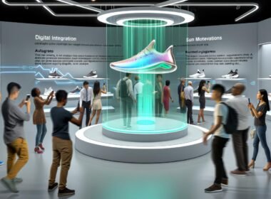 Moderner Messestand mit holographischer Sneaker-Präsentation, gestengesteuerter Interaktion und AR-Elementen