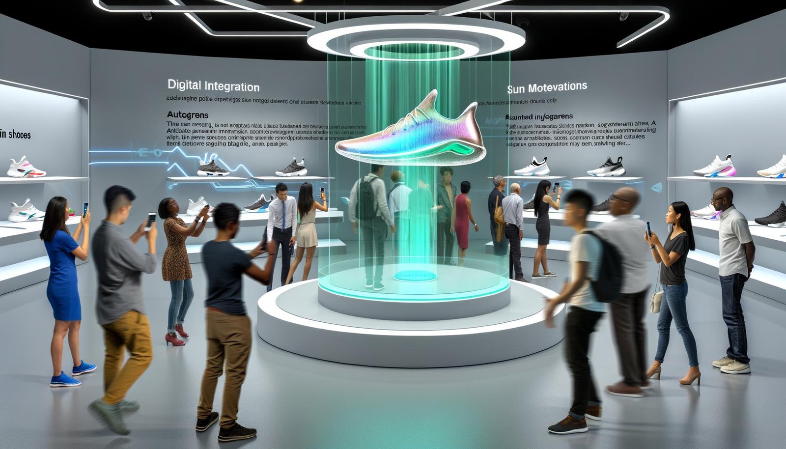 Moderner Messestand mit holographischer Sneaker-Präsentation, gestengesteuerter Interaktion und AR-Elementen