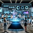 Team aus Marketern und Entwicklern arbeitet an einem transparenten holographischen Tisch mit 3D-Produkthologrammen, umgeben von modernen Analysedashboards in einem futuristischen Tech-Startup-Büro.