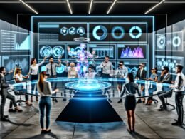 Team aus Marketern und Entwicklern arbeitet an einem transparenten holographischen Tisch mit 3D-Produkthologrammen, umgeben von modernen Analysedashboards in einem futuristischen Tech-Startup-Büro.