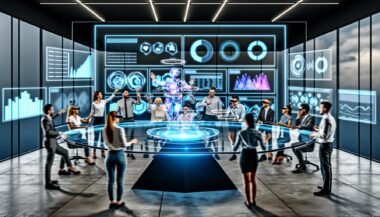 Team aus Marketern und Entwicklern arbeitet an einem transparenten holographischen Tisch mit 3D-Produkthologrammen, umgeben von modernen Analysedashboards in einem futuristischen Tech-Startup-Büro.