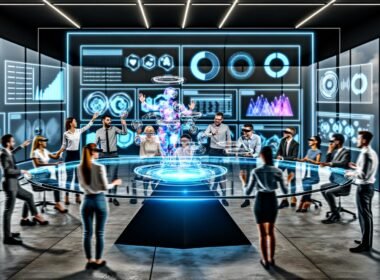 Team aus Marketern und Entwicklern arbeitet an einem transparenten holographischen Tisch mit 3D-Produkthologrammen, umgeben von modernen Analysedashboards in einem futuristischen Tech-Startup-Büro.