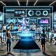 Team aus Marketern und Entwicklern arbeitet an einem transparenten holographischen Tisch mit 3D-Produkthologrammen, umgeben von modernen Analysedashboards in einem futuristischen Tech-Startup-Büro.