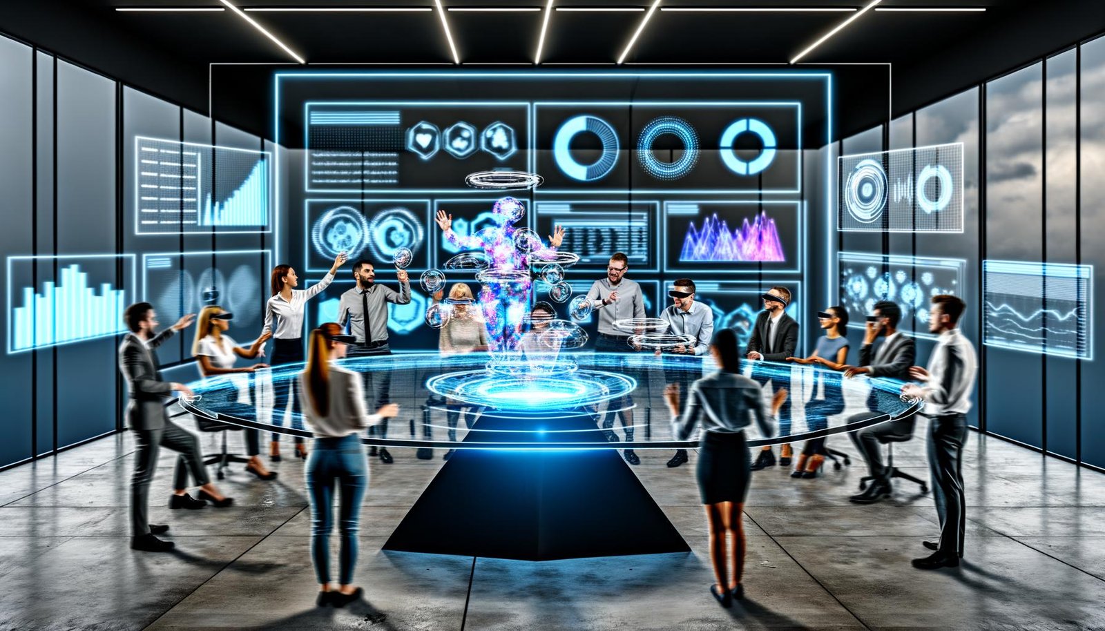 Team aus Marketern und Entwicklern arbeitet an einem transparenten holographischen Tisch mit 3D-Produkthologrammen, umgeben von modernen Analysedashboards in einem futuristischen Tech-Startup-Büro.