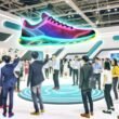 Futuristischer Messestand mit schwebendem, rotierendem Hologramm-Sneaker, umgeben von interagierenden Besuchern und verblassten klassischen Displays im Hintergrund