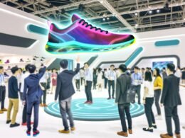 Futuristischer Messestand mit schwebendem, rotierendem Hologramm-Sneaker, umgeben von interagierenden Besuchern und verblassten klassischen Displays im Hintergrund