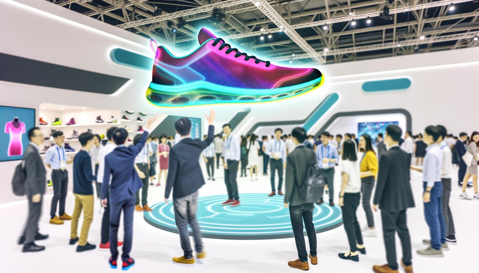 Futuristischer Messestand mit schwebendem, rotierendem Hologramm-Sneaker, umgeben von interagierenden Besuchern und verblassten klassischen Displays im Hintergrund