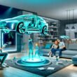 Familie im modernen Wohnzimmer betrachtet ein holografisches, türkis leuchtendes 3D-Auto mit Tablet-Steuerung und Mixed-Reality-Brillen im Hintergrund