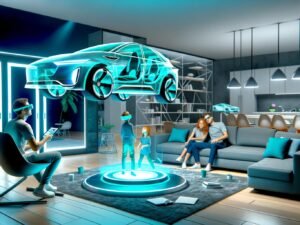 Familie im modernen Wohnzimmer betrachtet ein holografisches, türkis leuchtendes 3D-Auto mit Tablet-Steuerung und Mixed-Reality-Brillen im Hintergrund