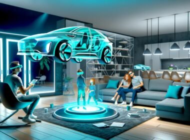 Familie im modernen Wohnzimmer betrachtet ein holografisches, türkis leuchtendes 3D-Auto mit Tablet-Steuerung und Mixed-Reality-Brillen im Hintergrund
