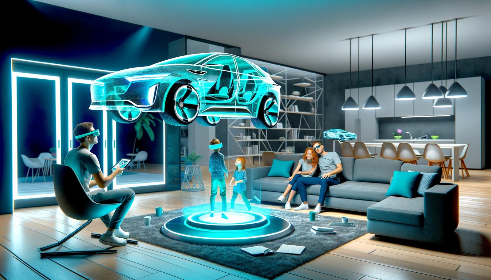 Familie im modernen Wohnzimmer betrachtet ein holografisches, türkis leuchtendes 3D-Auto mit Tablet-Steuerung und Mixed-Reality-Brillen im Hintergrund