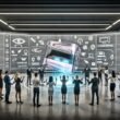 Geschäftsleute nutzen in einem modernen, offenen Büro ein interaktives Hologramm-Produkt mit Tablets, Smartphones und AR-Brillen; LED-Wände zeigen digitale Marketingbegriffe und Grafiken.