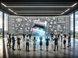 Geschäftsleute nutzen in einem modernen, offenen Büro ein interaktives Hologramm-Produkt mit Tablets, Smartphones und AR-Brillen; LED-Wände zeigen digitale Marketingbegriffe und Grafiken.