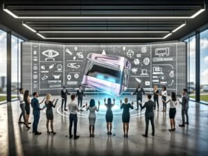 Geschäftsleute nutzen in einem modernen, offenen Büro ein interaktives Hologramm-Produkt mit Tablets, Smartphones und AR-Brillen; LED-Wände zeigen digitale Marketingbegriffe und Grafiken.