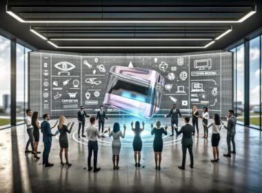 Geschäftsleute nutzen in einem modernen, offenen Büro ein interaktives Hologramm-Produkt mit Tablets, Smartphones und AR-Brillen; LED-Wände zeigen digitale Marketingbegriffe und Grafiken.