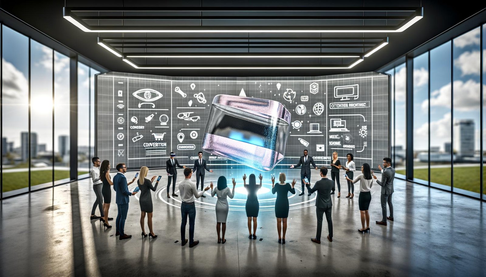 Geschäftsleute nutzen in einem modernen, offenen Büro ein interaktives Hologramm-Produkt mit Tablets, Smartphones und AR-Brillen; LED-Wände zeigen digitale Marketingbegriffe und Grafiken.