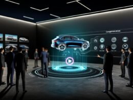 Messebesucher in Business-Outfits steuern in einem dunklen, futuristischen Showroom ein schwebendes, realistisch wirkendes 3D-Auto-Hologramm per Handgesten; daneben leuchtende Overlays und KPIs.