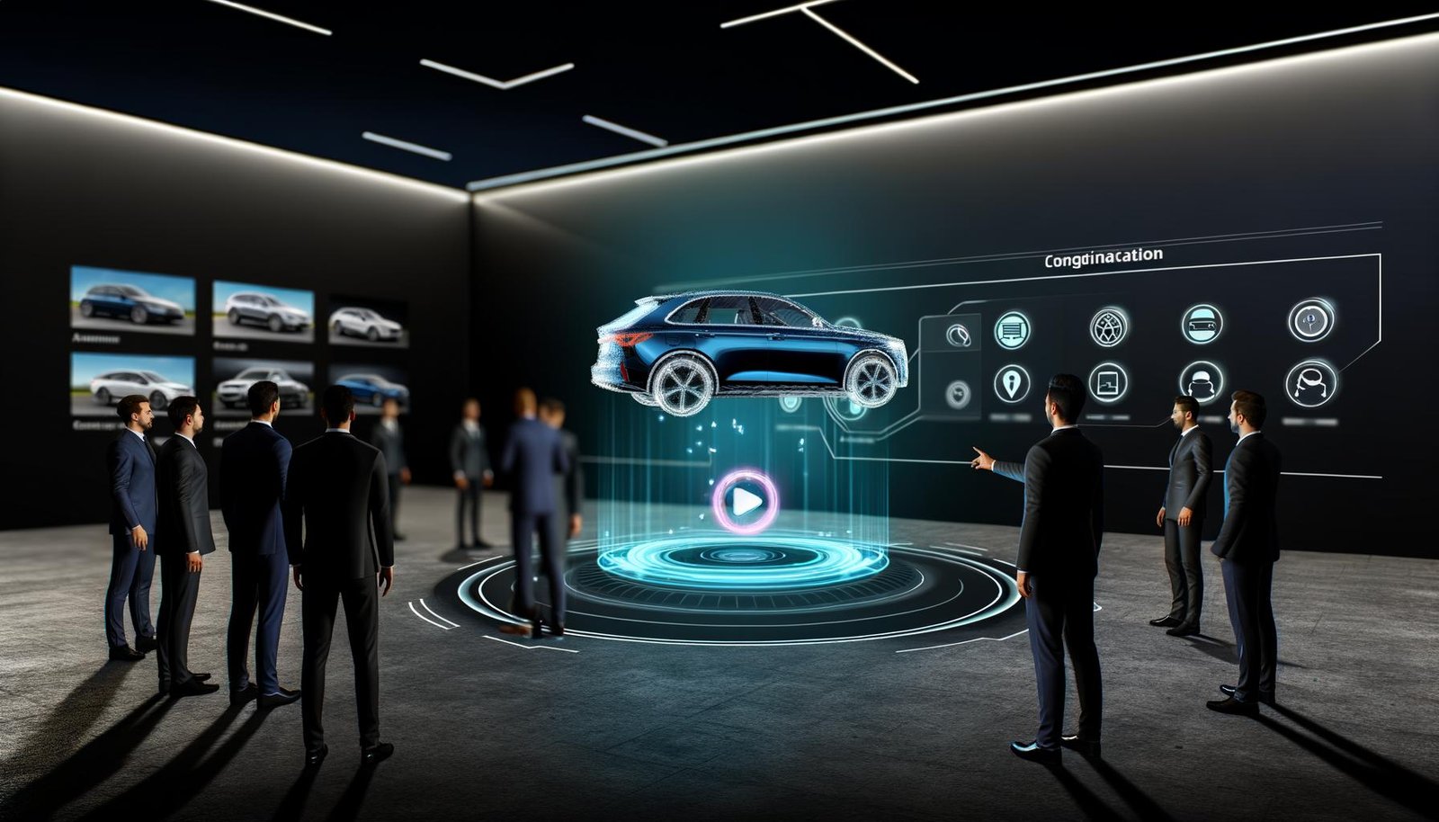 Messebesucher in Business-Outfits steuern in einem dunklen, futuristischen Showroom ein schwebendes, realistisch wirkendes 3D-Auto-Hologramm per Handgesten; daneben leuchtende Overlays und KPIs.