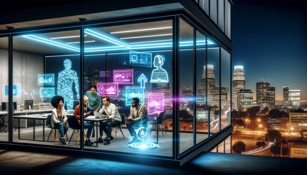 Digitalagentur-Büro bei Nacht mit kreativem Team um holografische Displays, AR/VR-Headsets und leuchtende Datenvisualisierungen vor urbaner Skyline