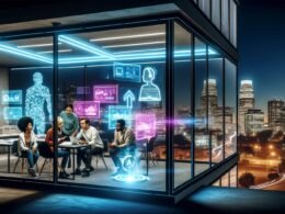 Digitalagentur-Büro bei Nacht mit kreativem Team um holografische Displays, AR/VR-Headsets und leuchtende Datenvisualisierungen vor urbaner Skyline