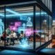 Digitalagentur-Büro bei Nacht mit kreativem Team um holografische Displays, AR/VR-Headsets und leuchtende Datenvisualisierungen vor urbaner Skyline