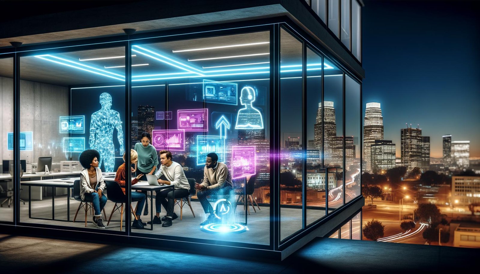 Digitalagentur-Büro bei Nacht mit kreativem Team um holografische Displays, AR/VR-Headsets und leuchtende Datenvisualisierungen vor urbaner Skyline