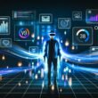 Futuristische Szene: Person mit VR-Brille, von leuchtenden Daten- und Grafikfenstern umgeben, im immersiven digitalen Marketingerlebnis.