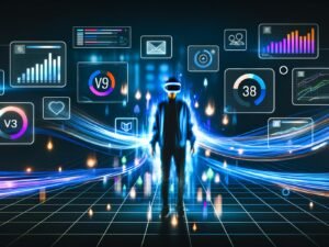 Futuristische Szene: Person mit VR-Brille, von leuchtenden Daten- und Grafikfenstern umgeben, im immersiven digitalen Marketingerlebnis.