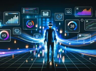 Futuristische Szene: Person mit VR-Brille, von leuchtenden Daten- und Grafikfenstern umgeben, im immersiven digitalen Marketingerlebnis.