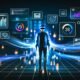 Futuristische Szene: Person mit VR-Brille, von leuchtenden Daten- und Grafikfenstern umgeben, im immersiven digitalen Marketingerlebnis.