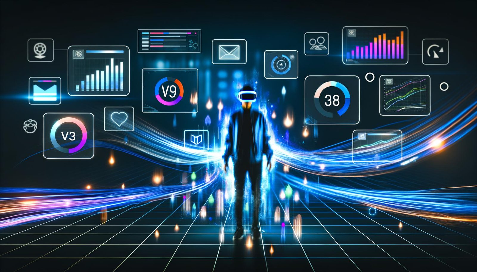 Futuristische Szene: Person mit VR-Brille, von leuchtenden Daten- und Grafikfenstern umgeben, im immersiven digitalen Marketingerlebnis.