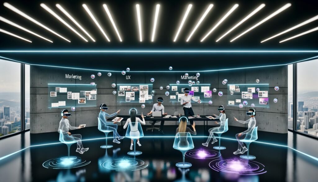 Futuristischer digitaler Arbeitsbereich mit Kreativen in AR/VR-Headsets, die an holografischen 3D-Grafiken und Storyboards zusammenarbeiten
