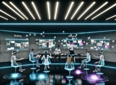 Futuristischer digitaler Arbeitsbereich mit Kreativen in AR/VR-Headsets, die an holografischen 3D-Grafiken und Storyboards zusammenarbeiten