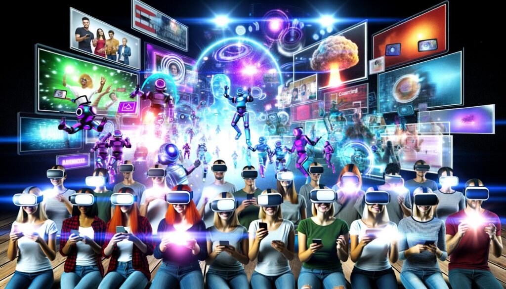 Digitale Collage mit Menschen aller Altersgruppen, die mit VR-Brillen, AR-Brillen und Smartphones aktiv eine farbenfrohe virtuelle Markenlandschaft mit 3D-Werbung, Avataren und Hologrammen erleben.