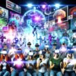 Digitale Collage mit Menschen aller Altersgruppen, die mit VR-Brillen, AR-Brillen und Smartphones aktiv eine farbenfrohe virtuelle Markenlandschaft mit 3D-Werbung, Avataren und Hologrammen erleben.