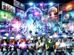 Digitale Collage mit Menschen aller Altersgruppen, die mit VR-Brillen, AR-Brillen und Smartphones aktiv eine farbenfrohe virtuelle Markenlandschaft mit 3D-Werbung, Avataren und Hologrammen erleben.