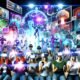 Digitale Collage mit Menschen aller Altersgruppen, die mit VR-Brillen, AR-Brillen und Smartphones aktiv eine farbenfrohe virtuelle Markenlandschaft mit 3D-Werbung, Avataren und Hologrammen erleben.