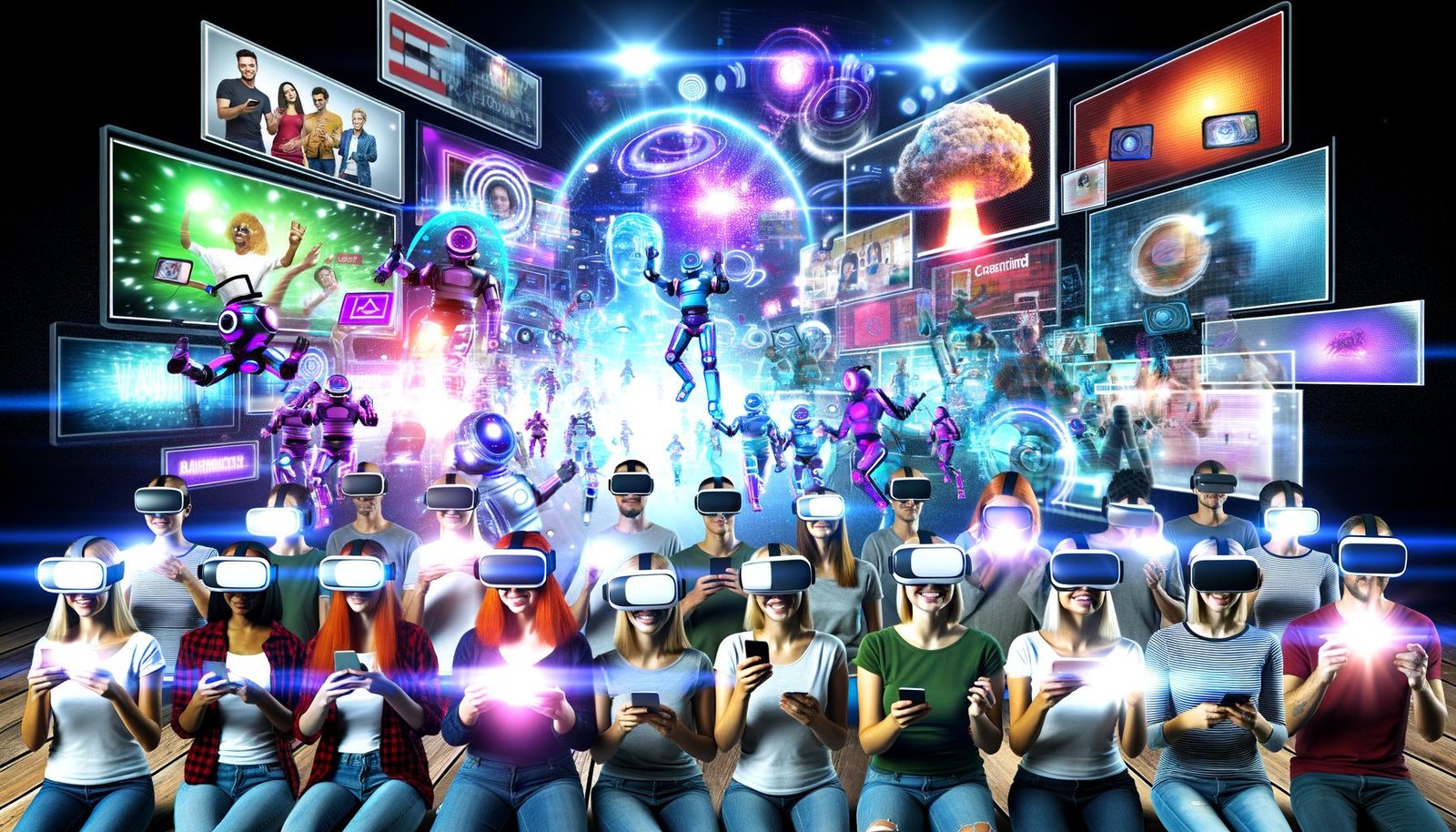 Digitale Collage mit Menschen aller Altersgruppen, die mit VR-Brillen, AR-Brillen und Smartphones aktiv eine farbenfrohe virtuelle Markenlandschaft mit 3D-Werbung, Avataren und Hologrammen erleben.