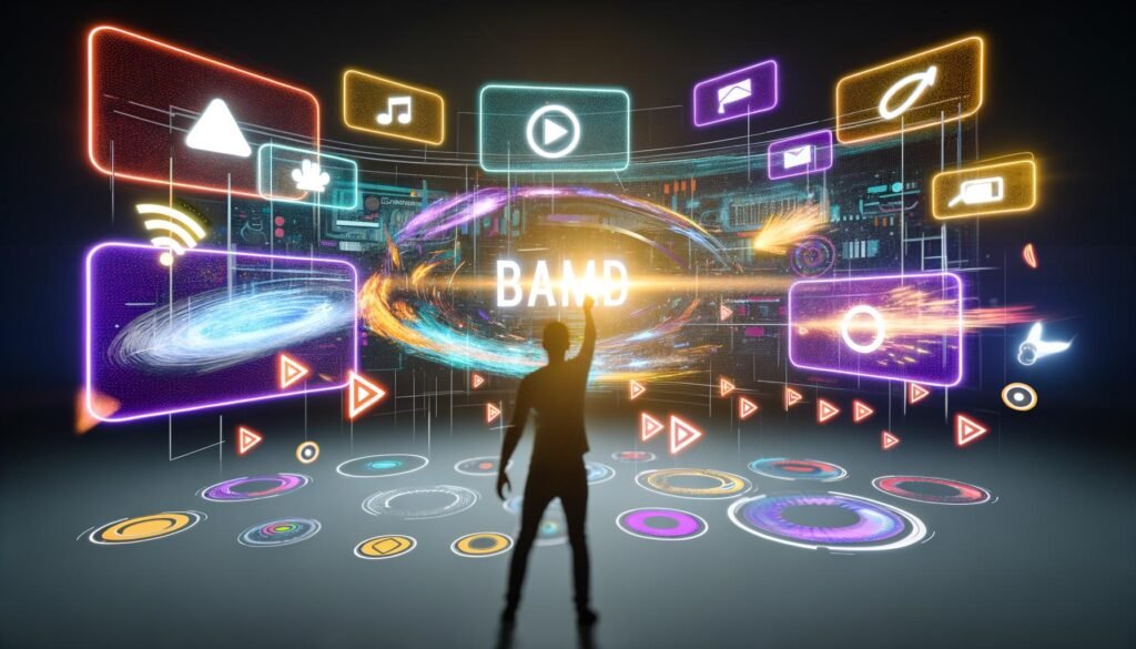 Nutzer:in interagiert in einer farbenfrohen, futuristischen Markenwelt mit 3D-Elementen, animierten Anzeigen und AR-Symbolen.