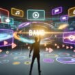 Nutzer:in interagiert in einer farbenfrohen, futuristischen Markenwelt mit 3D-Elementen, animierten Anzeigen und AR-Symbolen.